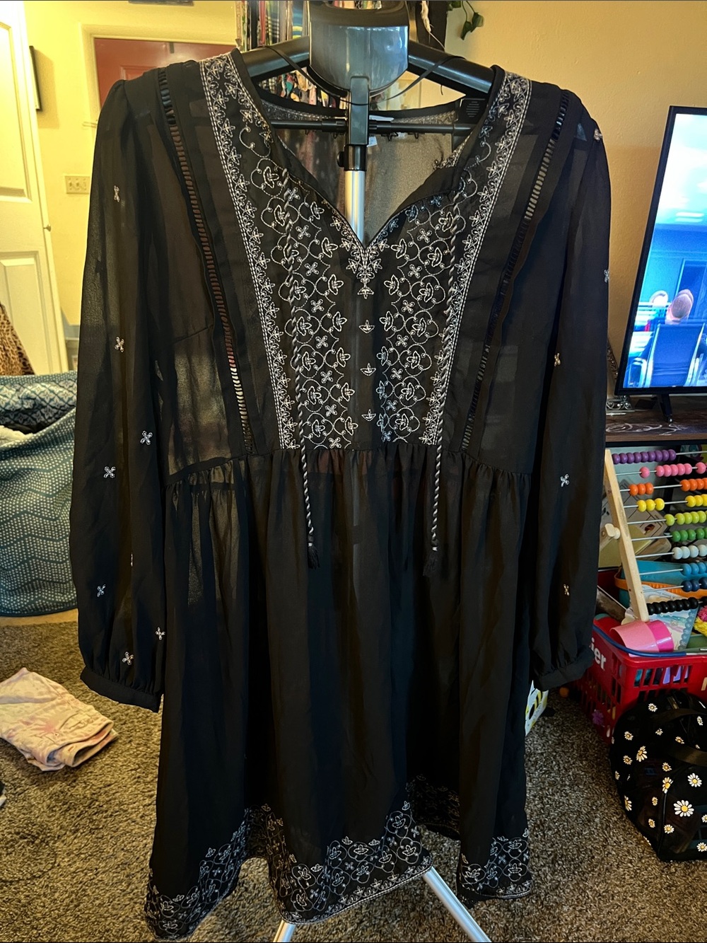 Time and Tru Black Sheer Embroidered Dress